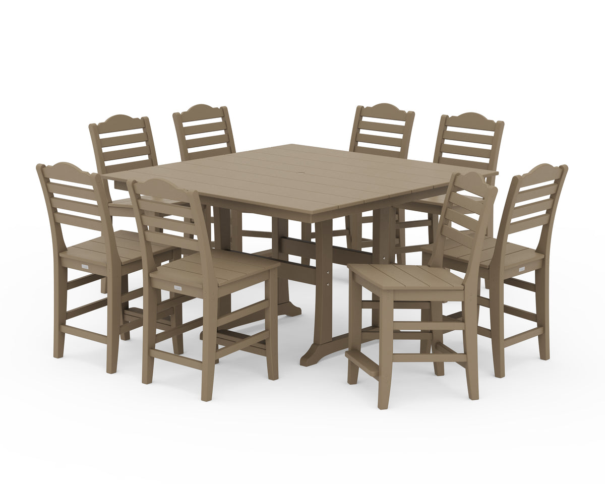 POLYWOOD Savannah Side Chair 9-Piece Square Farmhouse Counter Set with Trestle Legs in Vintage Sahara