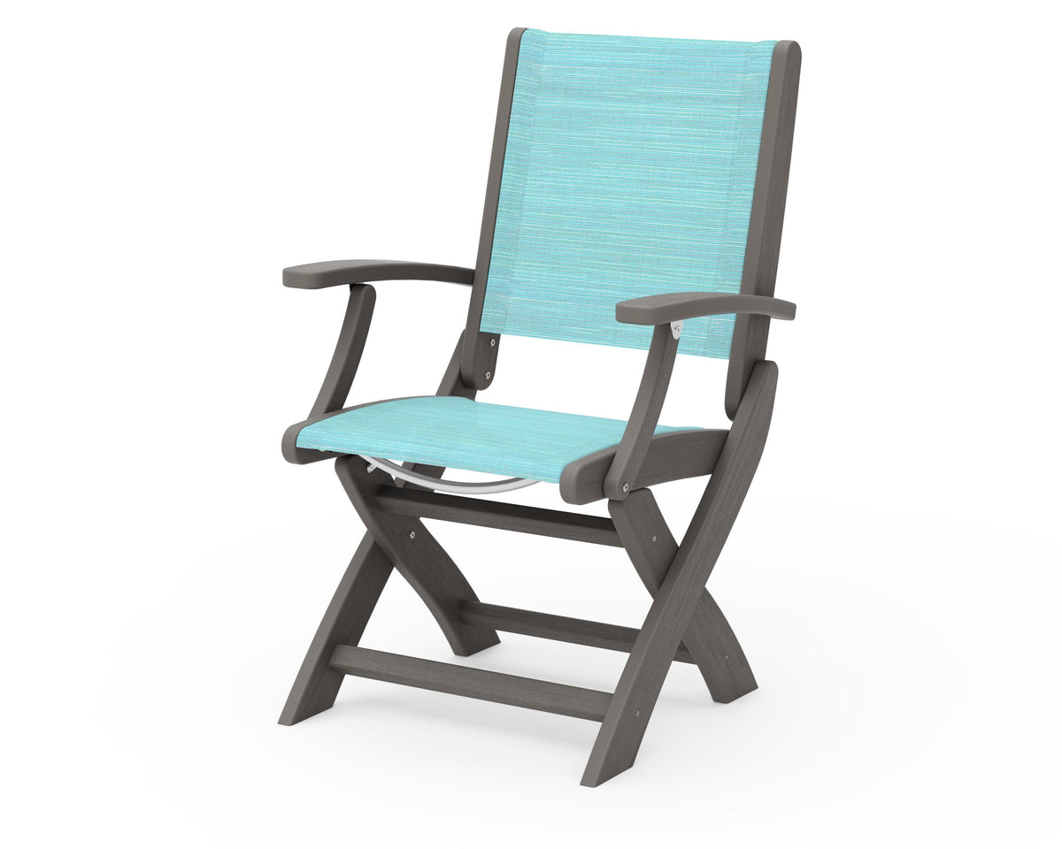 POLYWOOD Coastal Folding Chair in Driftwood with Driftwood arms and Dupioni Aquamarine sling