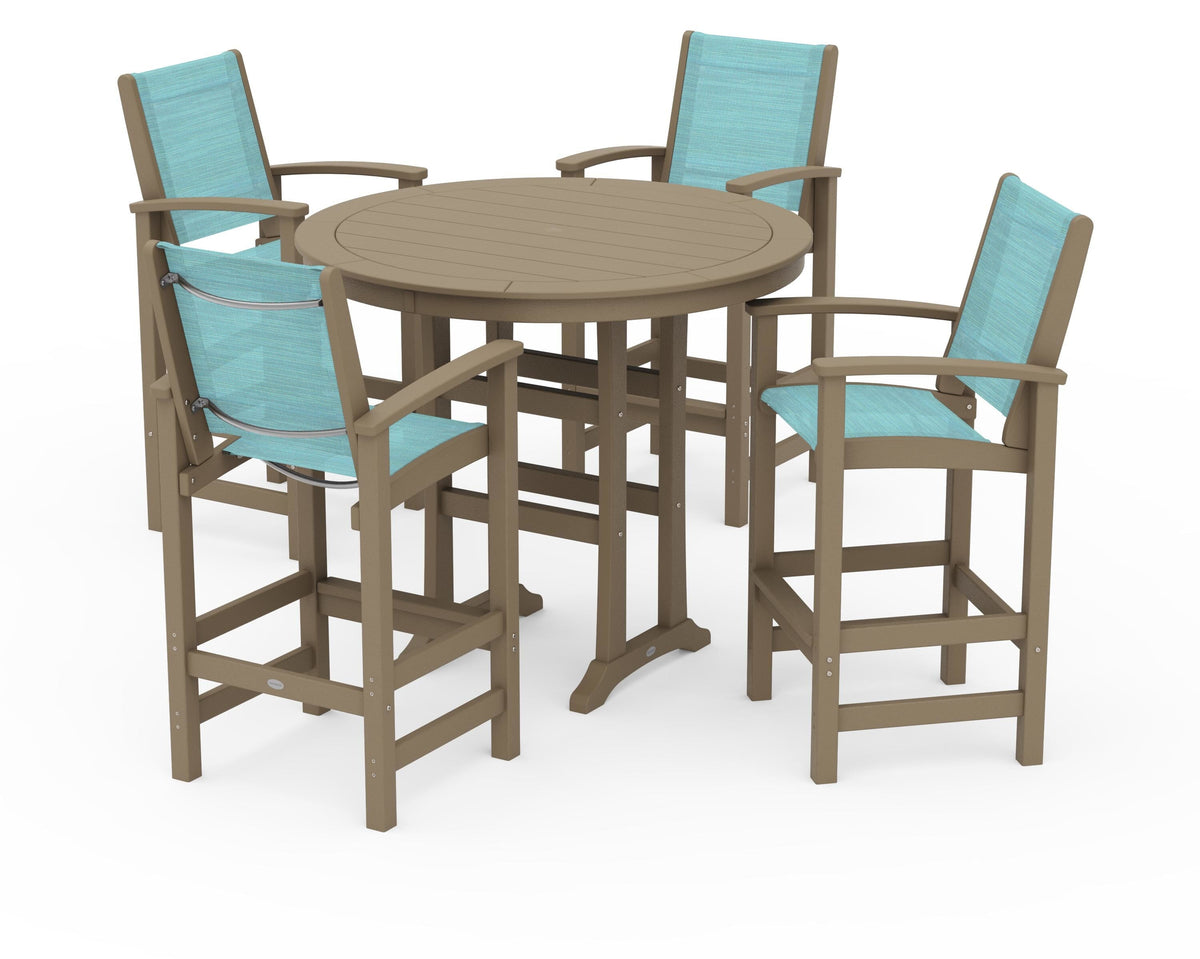 POLYWOOD Coastal 5-Piece Nautical Trestle Bar Set in Vintage Sahara / Dupioni Aquamarine