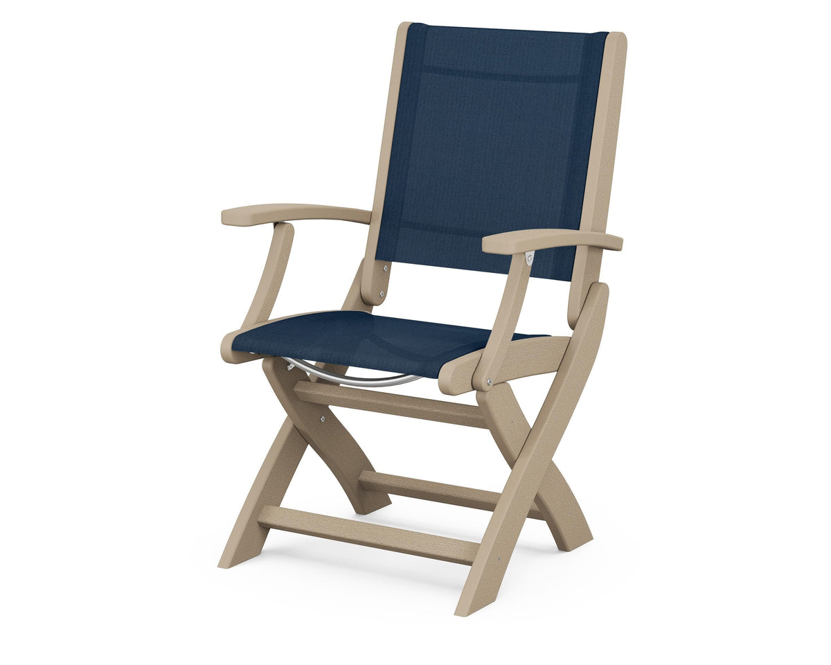 POLYWOOD Coastal Folding Chair in Vintage Sahara with Vintage Sahara arms and Navy Blue sling