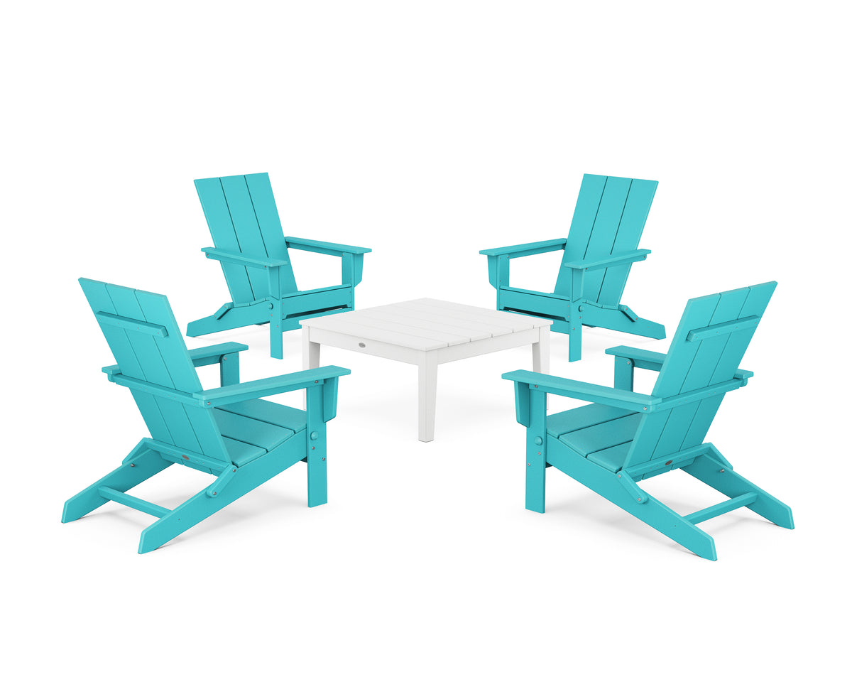 POLYWOOD 5-Piece Modern Studio Folding Adirondack Chair Conversation Group in Aruba / White