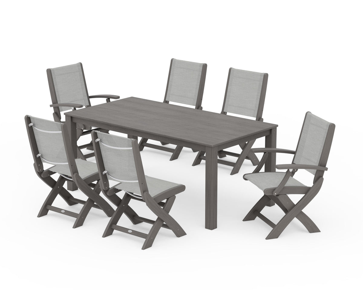 POLYWOOD Coastal Folding Chair 7-Piece Parsons Dining Set with Coastal Folding Side Chair in Driftwood / Metallic