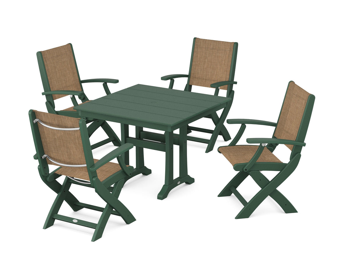 POLYWOOD Coastal Folding Chair 5-Piece Farmhouse Dining Set With Trestle Legs in Green / Burlap