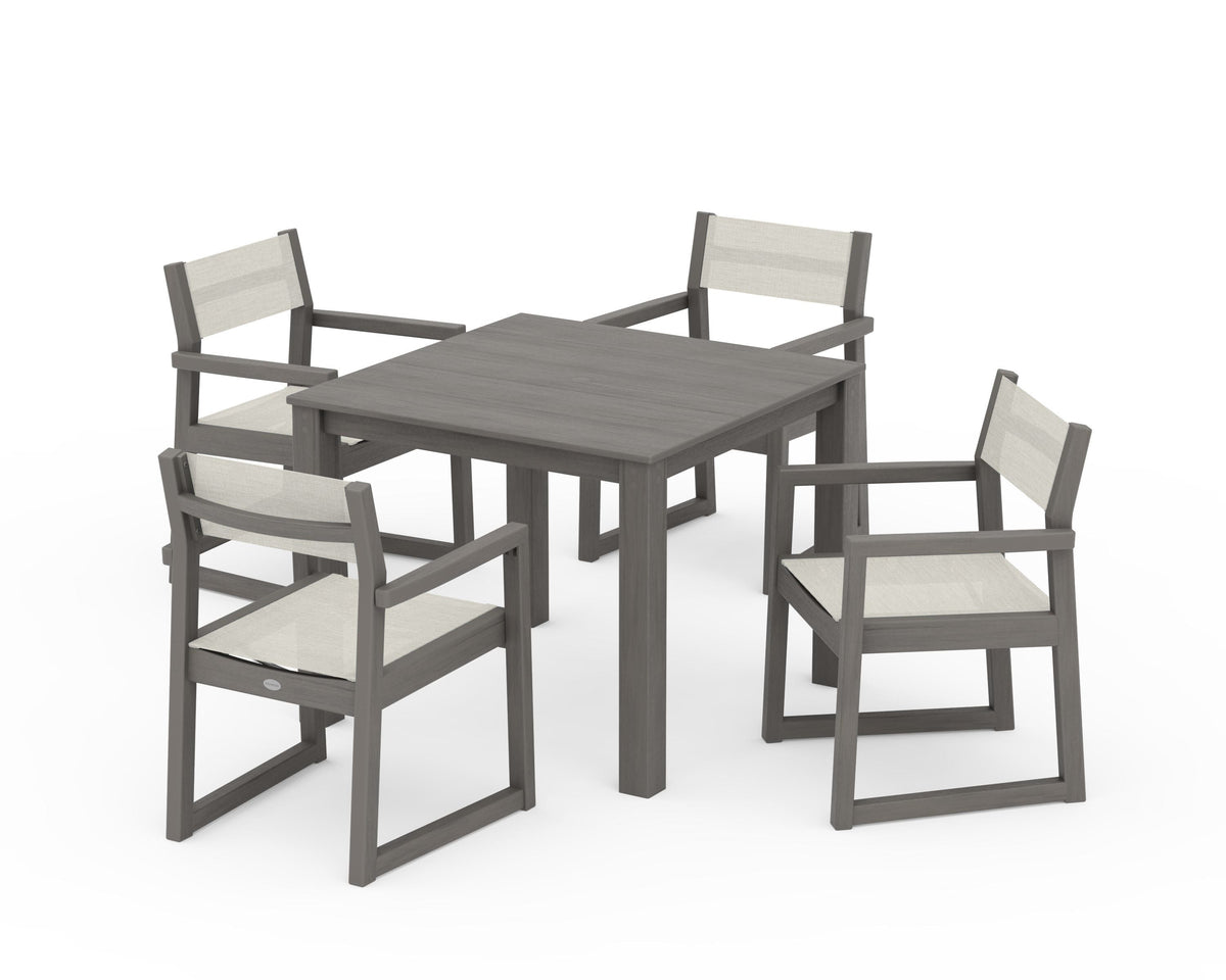 POLYWOOD EDGE Sling Arm Chair 5-Piece Parsons Dining Set in Driftwood / Parchment