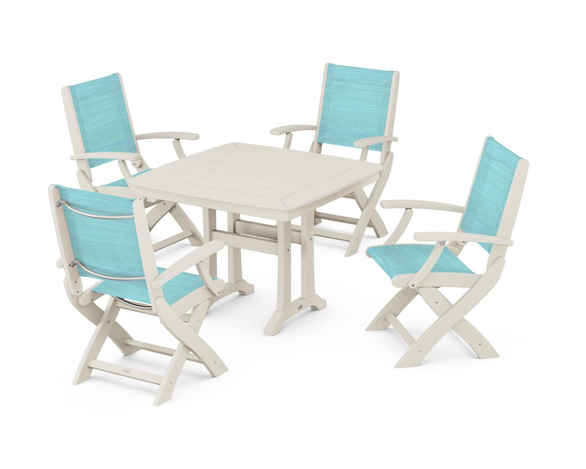 POLYWOOD Coastal Folding Chair 5-Piece Dining Set with Trestle Legs in Sand / Dupioni Aquamarine