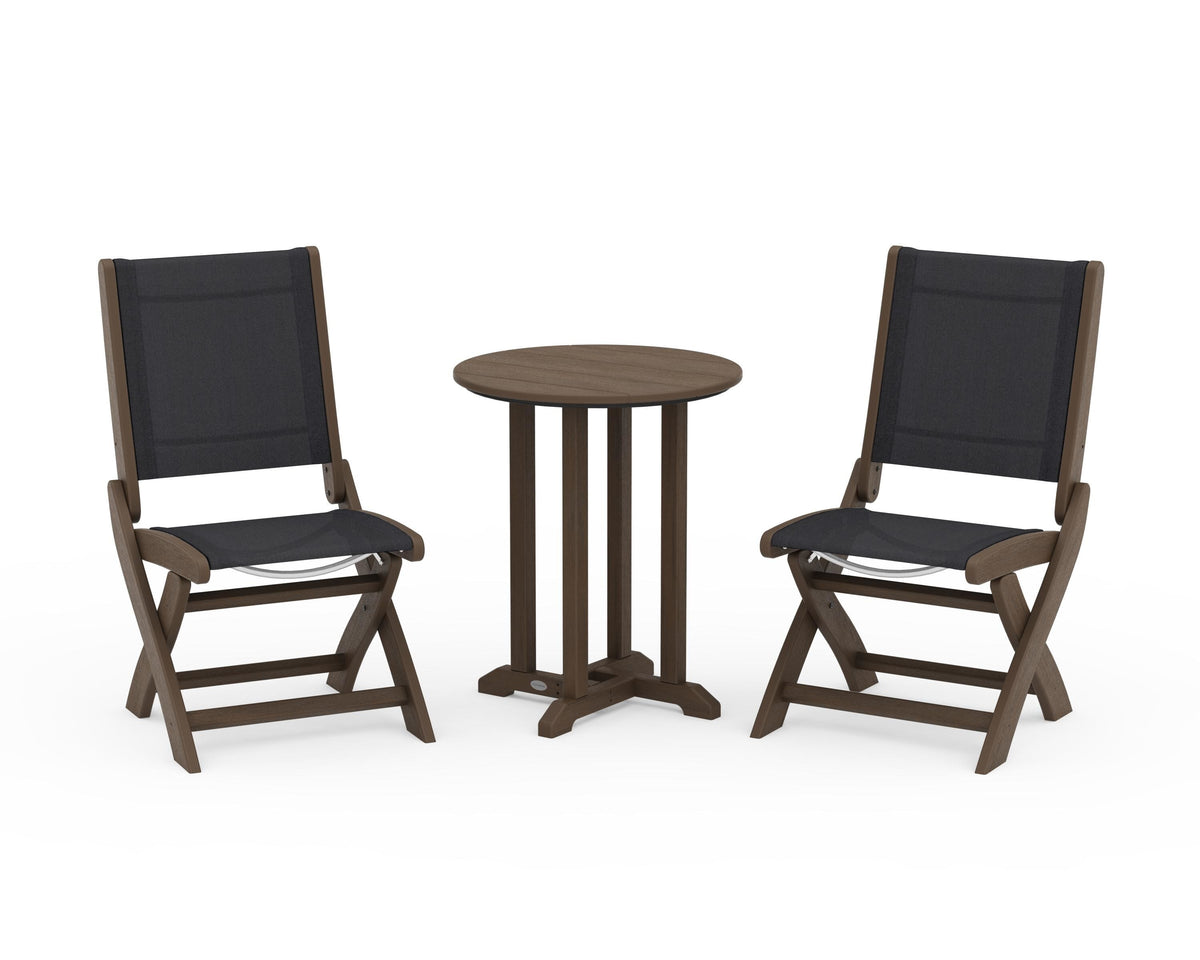 POLYWOOD Coastal Folding Side Chair 3-Piece Round Bistro Dining Set in Kona / Black