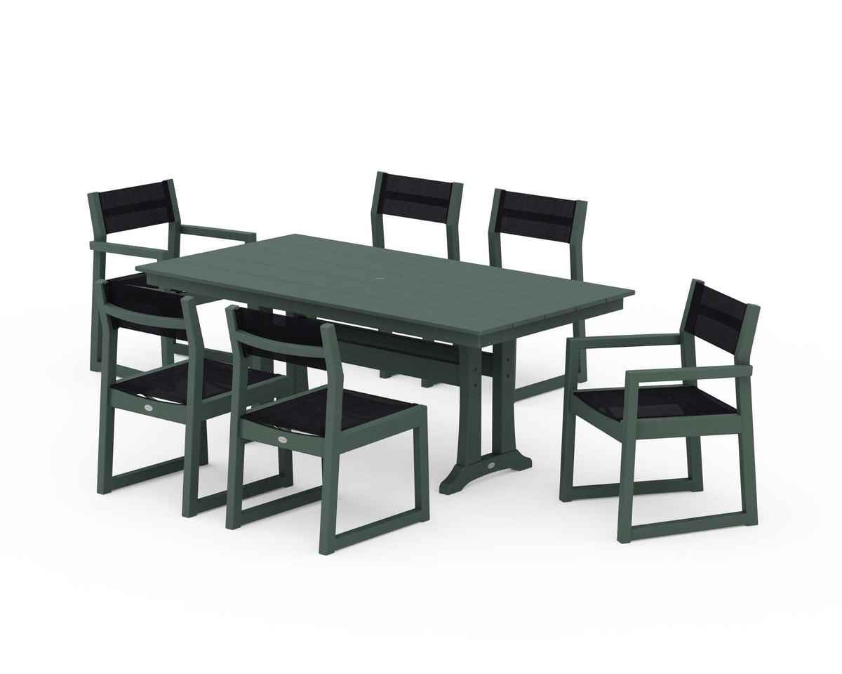 POLYWOOD EDGE Sling 7-Piece Farmhouse Trestle Dining Set in Green / Black