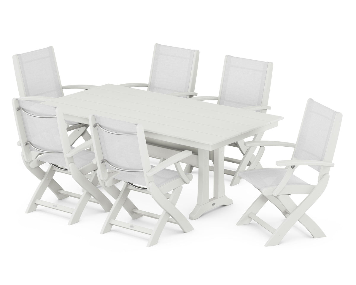 POLYWOOD Coastal Folding Arm Chair 7-Piece Farmhouse Dining Set with Trestle Legs in Vintage White / White