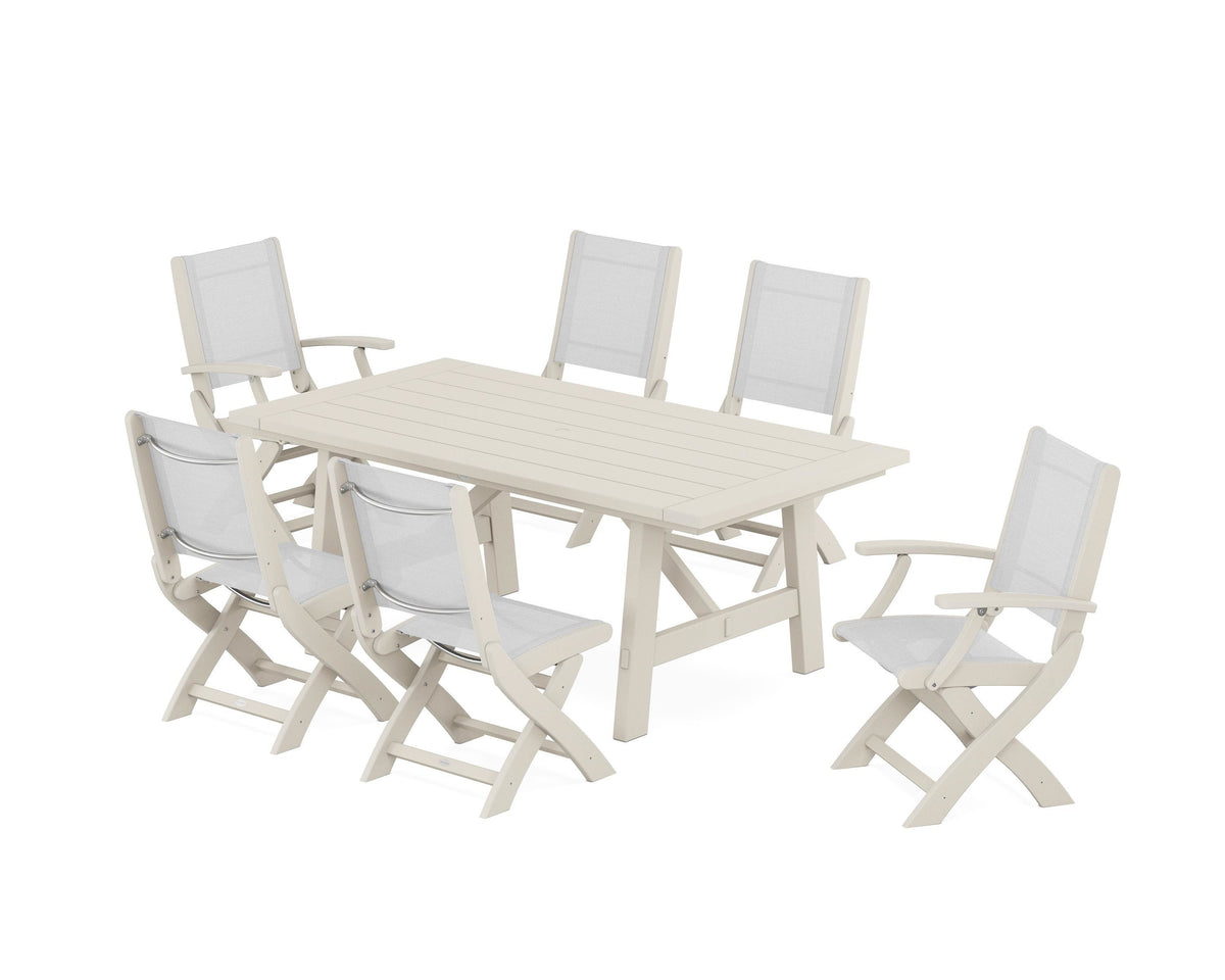 POLYWOOD Coastal Folding Chair 7-Piece Rustic Farmhouse Dining Set in Sand / White