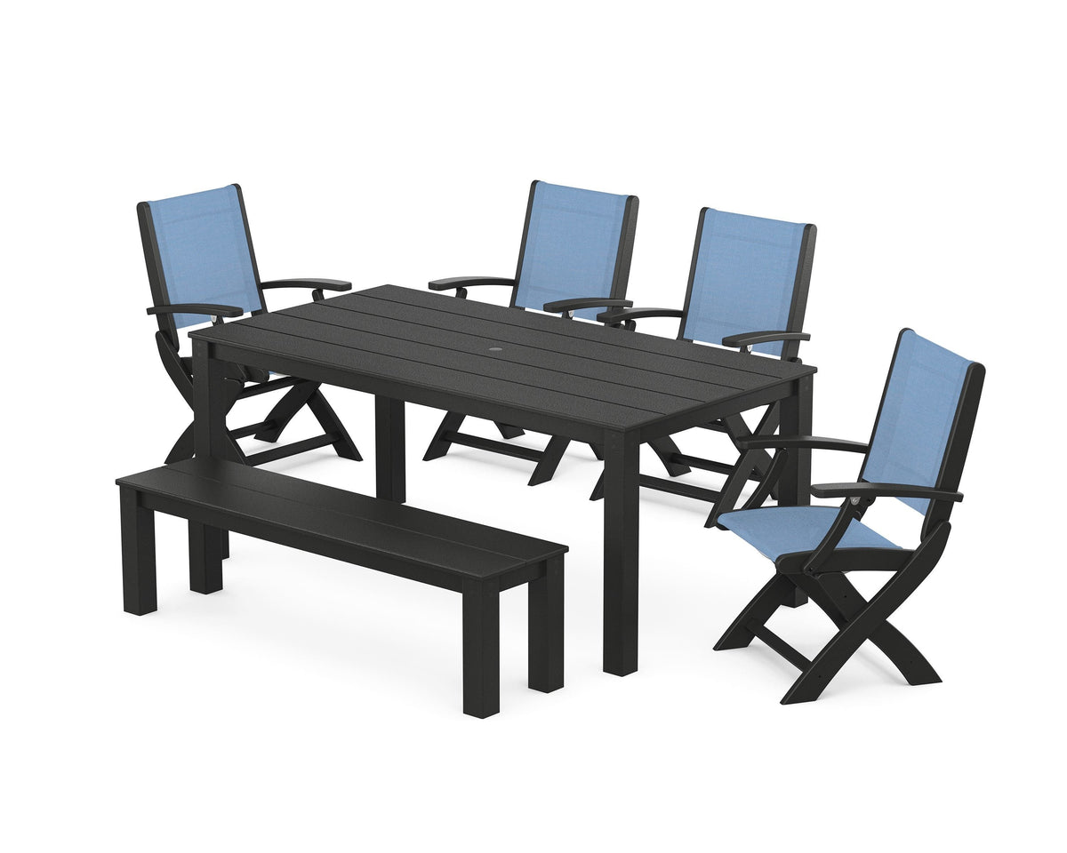 POLYWOOD Coastal Folding Chair 6-Piece Parsons Dining Set with Bench in Black / Poolside