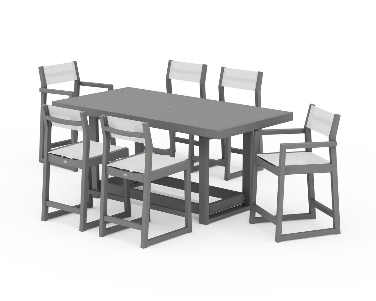 POLYWOOD EDGE Sling 7-Piece Counter Table Set in Slate Grey / White