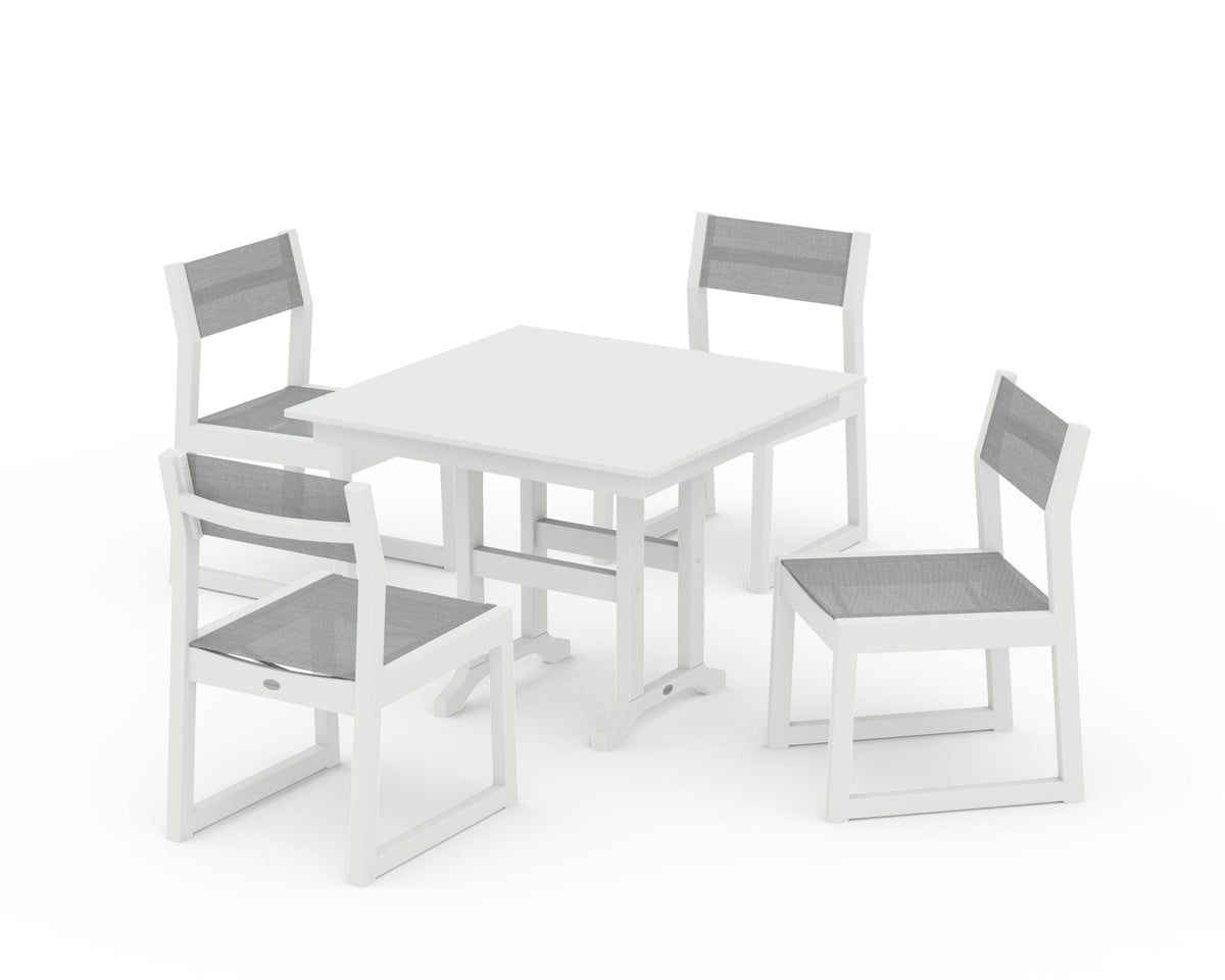 POLYWOOD EDGE Sling Side Chair 5-Piece Farmhouse Dining Set in White / Metallic