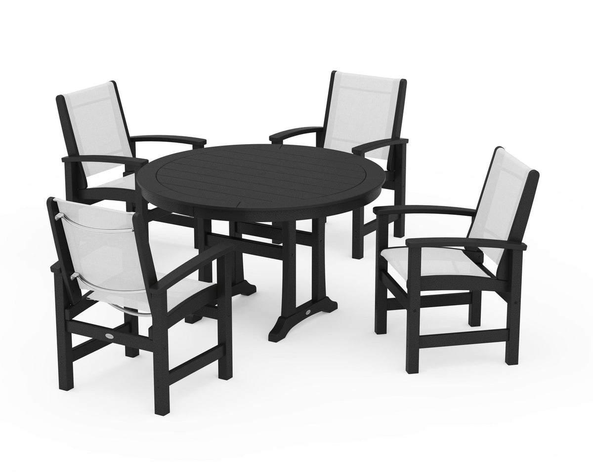 POLYWOOD Coastal 5-Piece Round Dining Set with Trestle Legs in Black / White