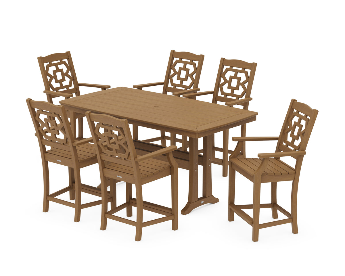 POLYWOOD Chinoiserie Arm Chair 7-Piece Counter Set with Trestle Legs in Natural