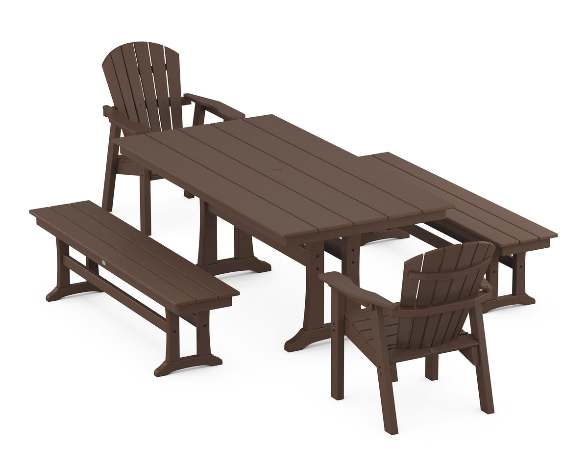 POLYWOOD Seashell 5-Piece Farmhouse Dining Set with Trestle Legs - 37" x 72" Table in Mahogany