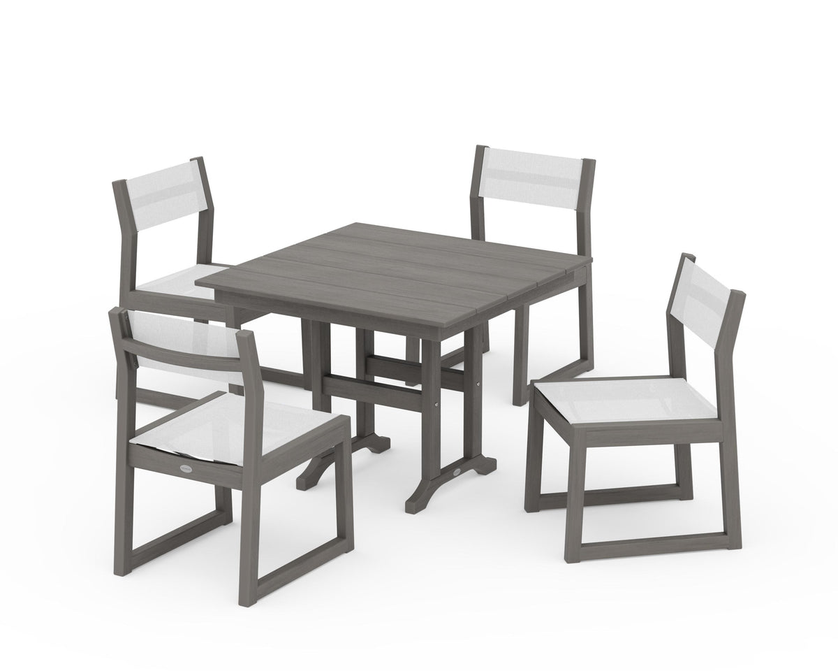 POLYWOOD EDGE Sling Side Chair 5-Piece Farmhouse Dining Set in Driftwood / White