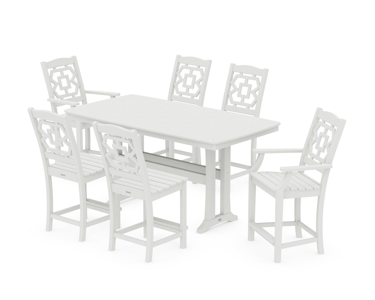 POLYWOOD Chinoiserie 7-Piece Counter Set with Trestle Legs in Vintage White