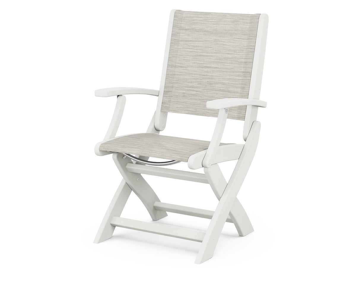 POLYWOOD Coastal Folding Chair in Vintage White with Vintage White arms and Birch sling