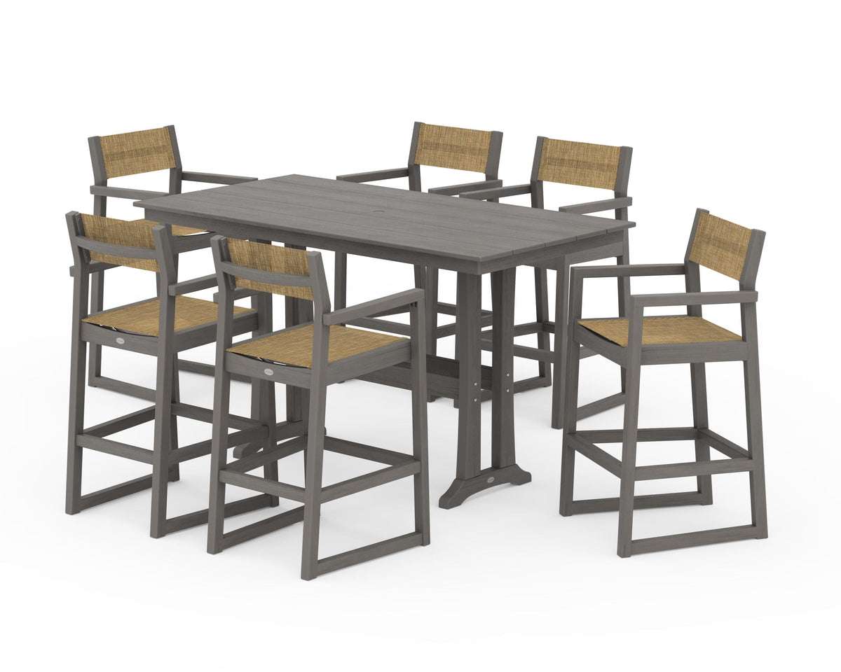 POLYWOOD EDGE Sling Arm Chair 7-Piece Farmhouse Bar Set with Trestle Legs in Driftwood / Burlap
