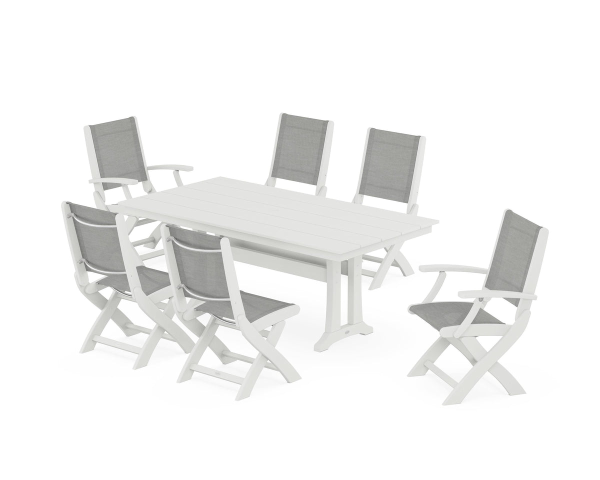 POLYWOOD Coastal Folding Chair 7-Piece Farmhouse Dining Set with Trestle Legs in Vintage White / Metallic