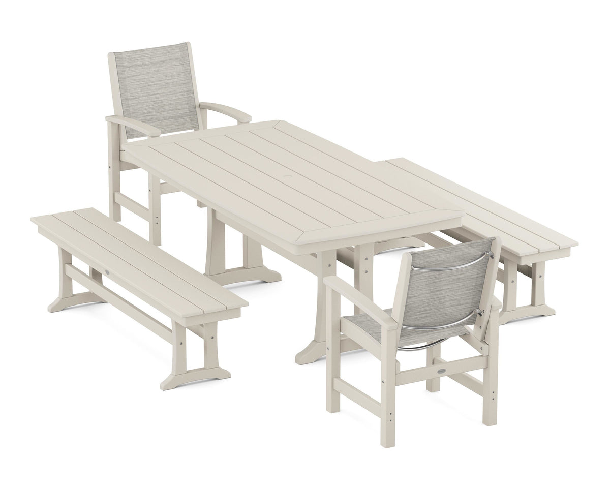 POLYWOOD Coastal 5-Piece Dining Set with Trestle Legs and Benches in Sand / Birch