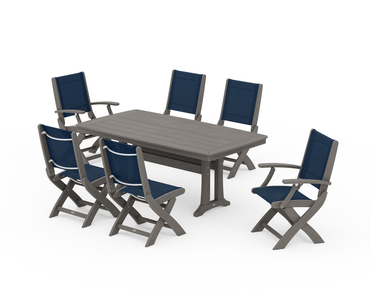 POLYWOOD Coastal Folding Chair 7-Piece Dining Set with Trestle Legs with Nautical Trestle 38" x 73" Dining Table in Driftwood / Navy Blue