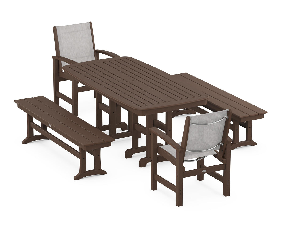 POLYWOOD Coastal 5-Piece Dining Set with Nautical 37" x 72" Dining Table in Mahogany / Parchment