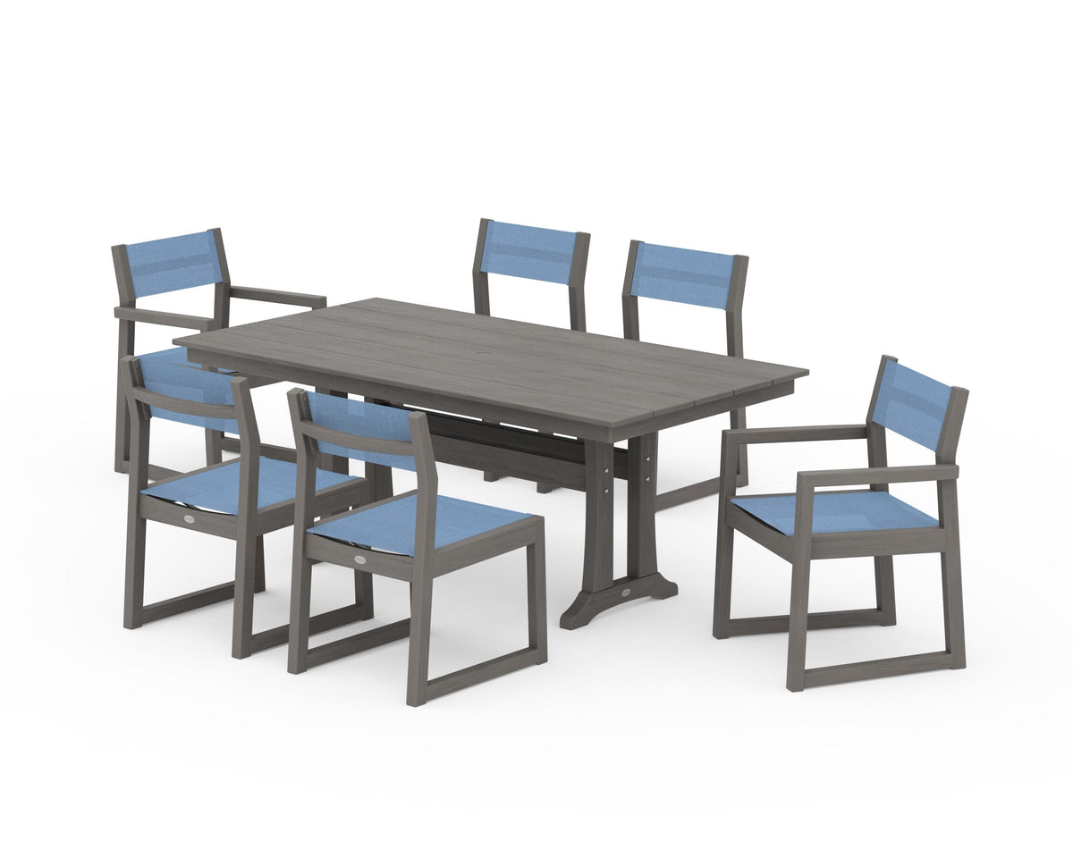 POLYWOOD EDGE Sling 7-Piece Farmhouse Trestle Dining Set in Driftwood / Poolside