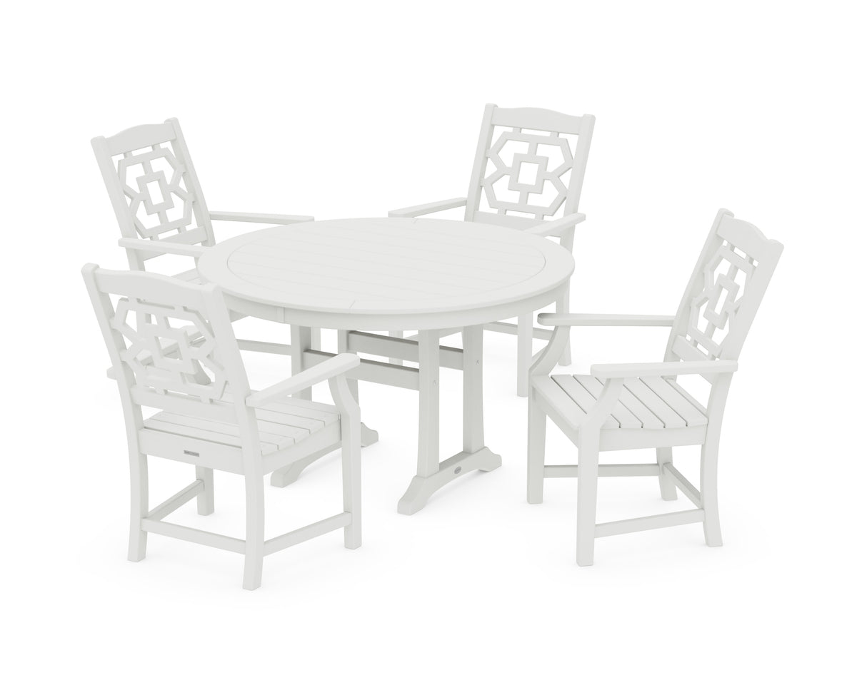 POLYWOOD Chinoiserie 5-Piece Round Dining Set with Trestle Legs in Vintage White