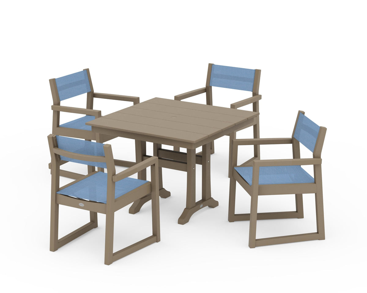 POLYWOOD EDGE Sling 5-Piece Farmhouse Dining Set with Trestle Legs in Vintage Sahara / Poolside