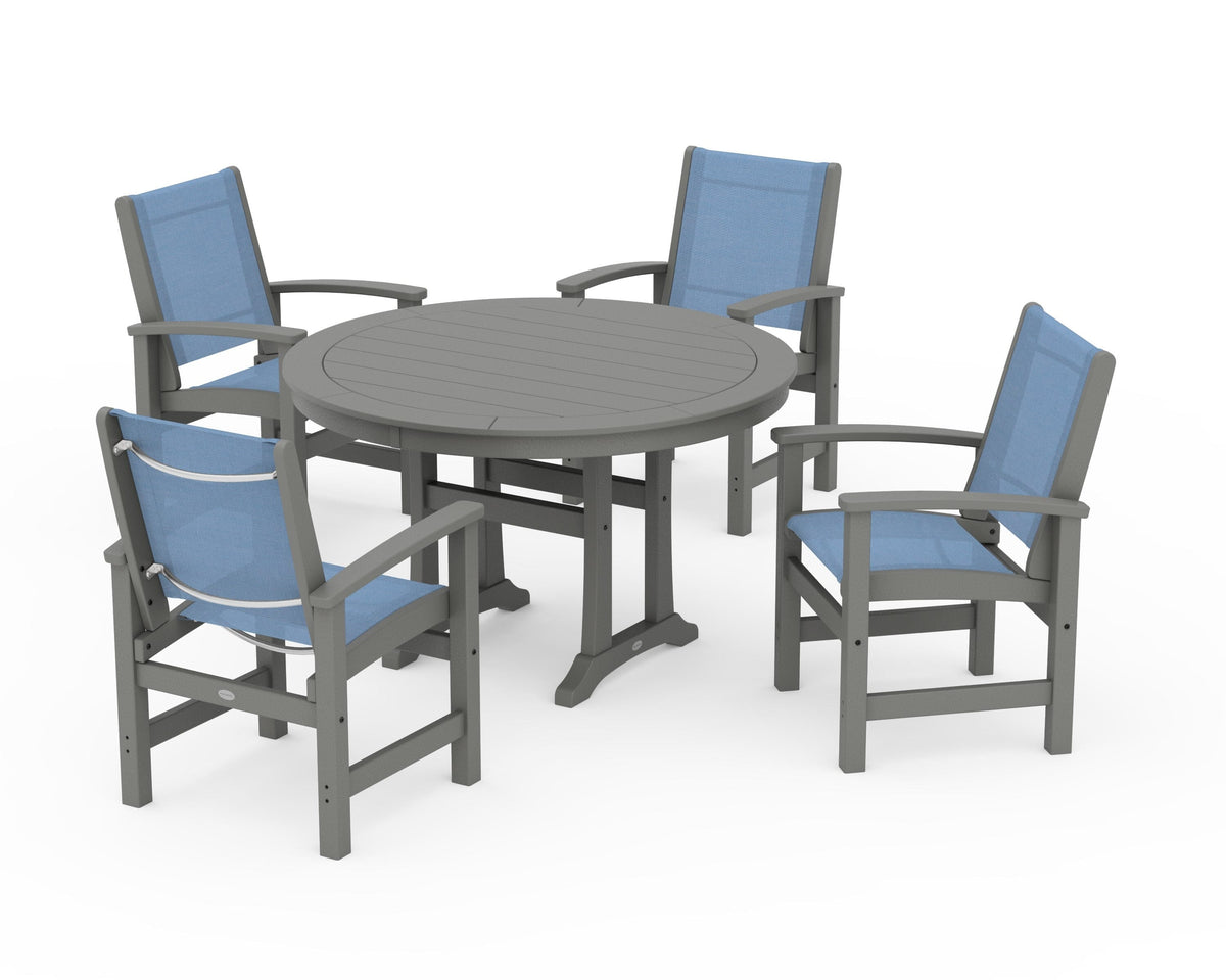 POLYWOOD Coastal 5-Piece Round Dining Set with Trestle Legs in Slate Grey / Poolside