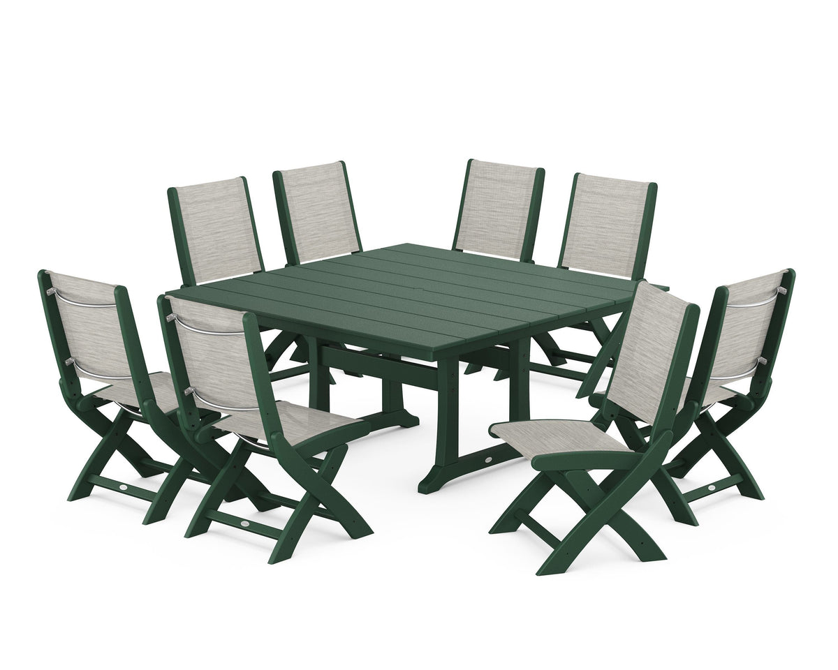 POLYWOOD Coastal Folding Side Chair 9-Piece Farmhouse Dining Set in Green / Birch