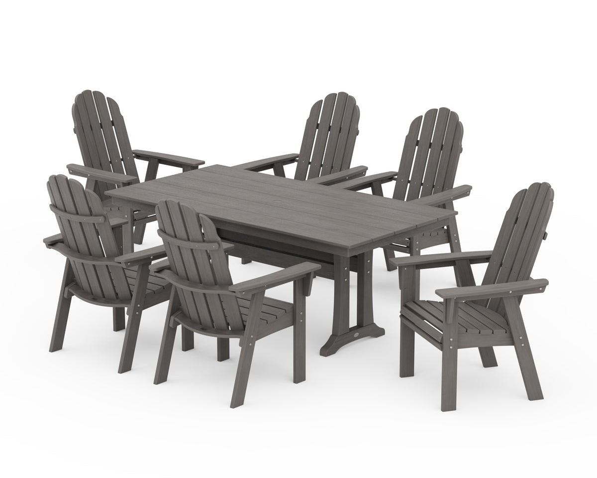 POLYWOOD Vineyard Curveback Adirondack Chair 7-Piece Farmhouse Dining Set with Trestle Legs in Driftwood