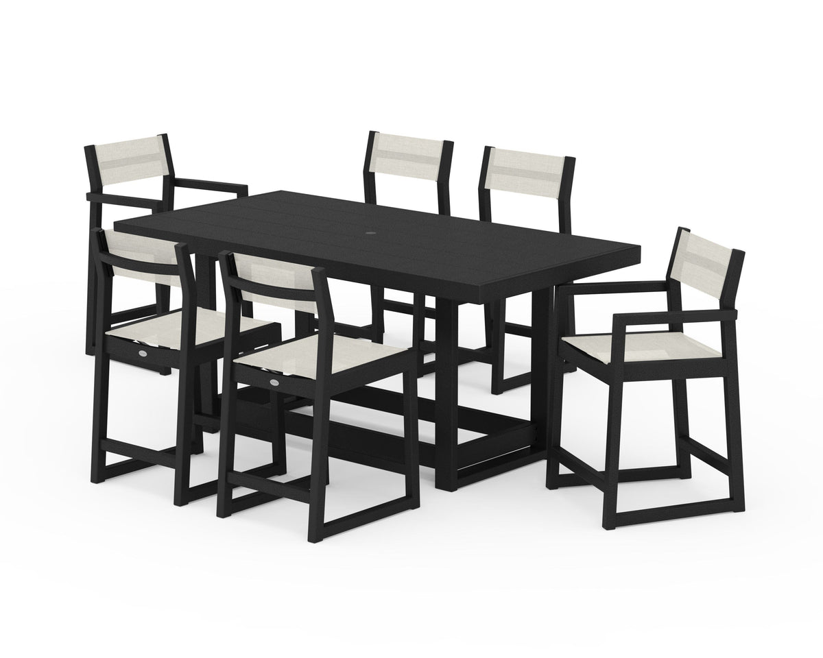 POLYWOOD EDGE Sling 7-Piece Counter Table Set in Black / Parchment