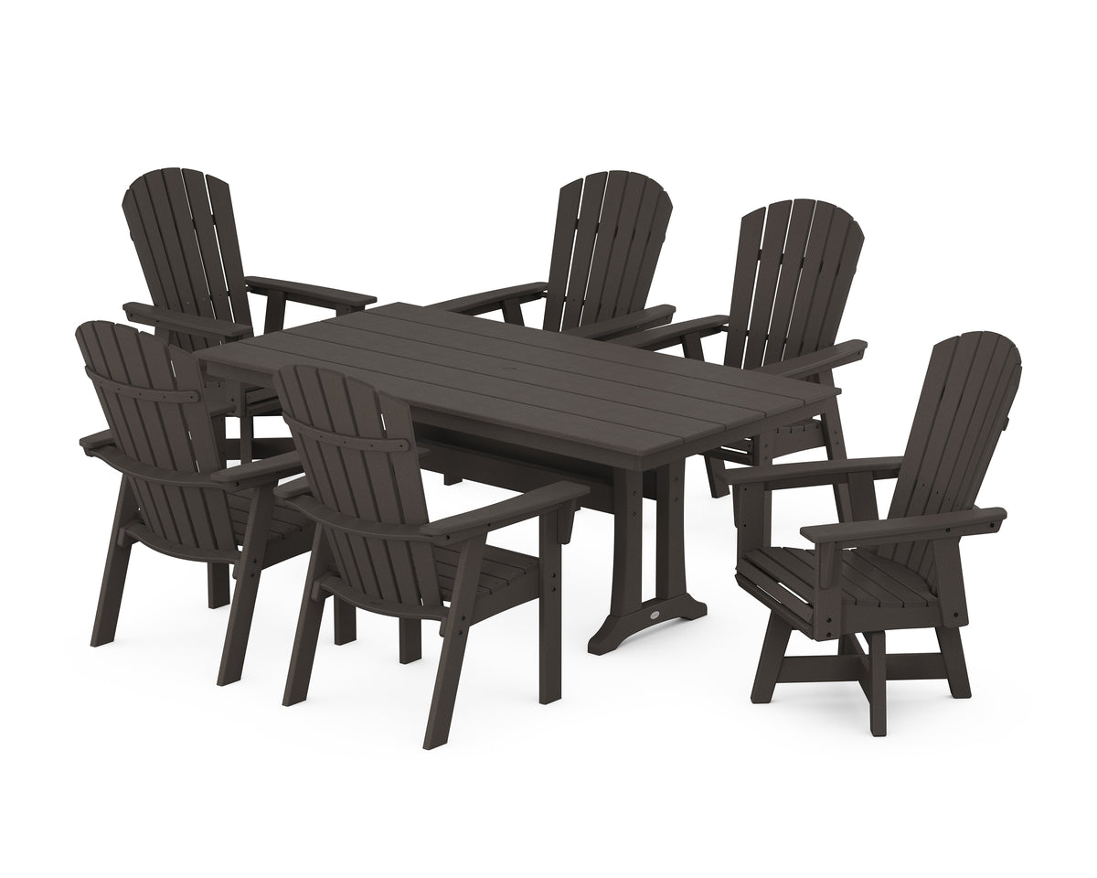 POLYWOOD Nautical Curveback Adirondack Swivel Chair 7-Piece Farmhouse Dining Set with Trestle Legs in Vintage Coffee