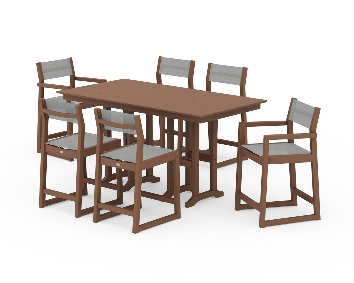 POLYWOOD EDGE Sling 7-Piece Farmhouse Counter Set with Trestle Legs in Teak / Metallic