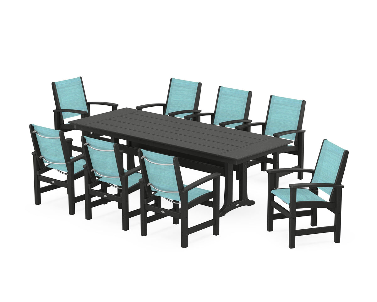 POLYWOOD Coastal 9-Piece Farmhouse Dining Set with Trestle Legs in Black / Dupioni Aquamarine