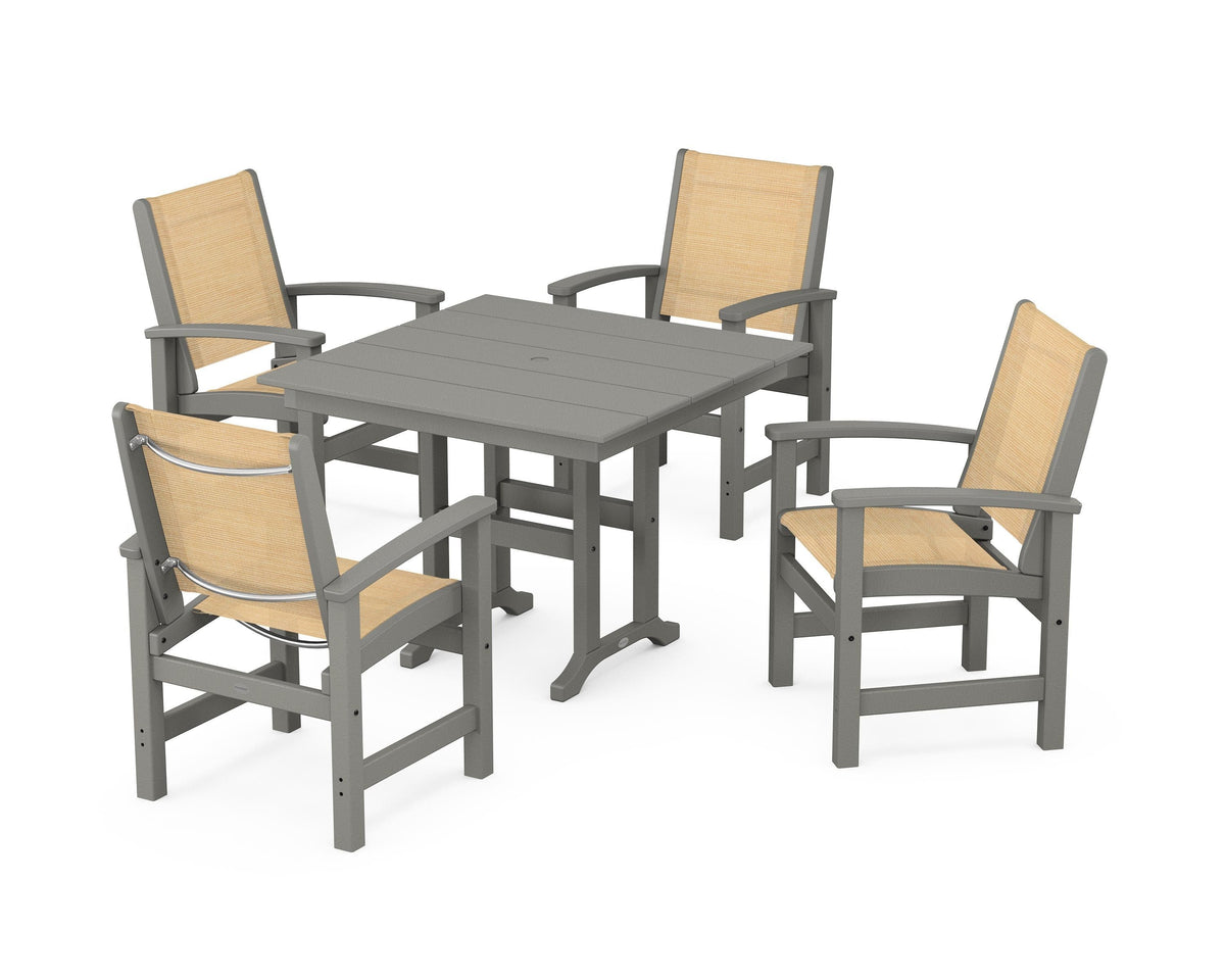 POLYWOOD Coastal 5-Piece Farmhouse Dining Set with Farmhouse 37" Dining Table in Slate Grey / Dupioni Apricot