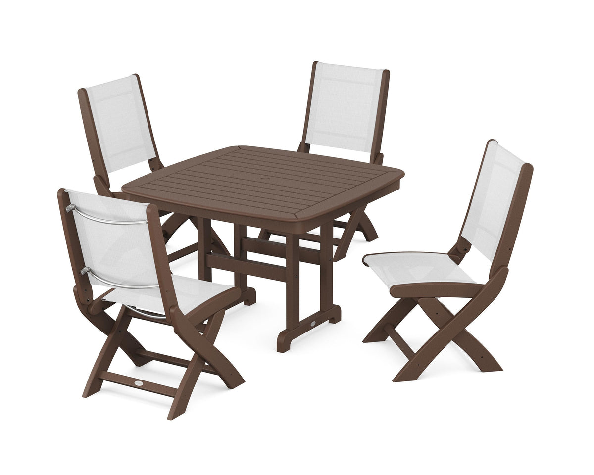 POLYWOOD Coastal Folding Side Chair 5-Piece Dining Set with Nautical 44" Dining Table in Mahogany / White