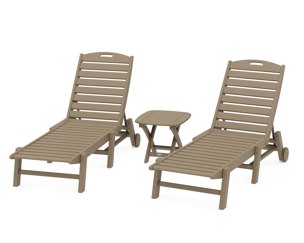 POLYWOOD Nautical 3-Piece Wheeled Chaise Set with Nautical Side Table in Vintage Sahara