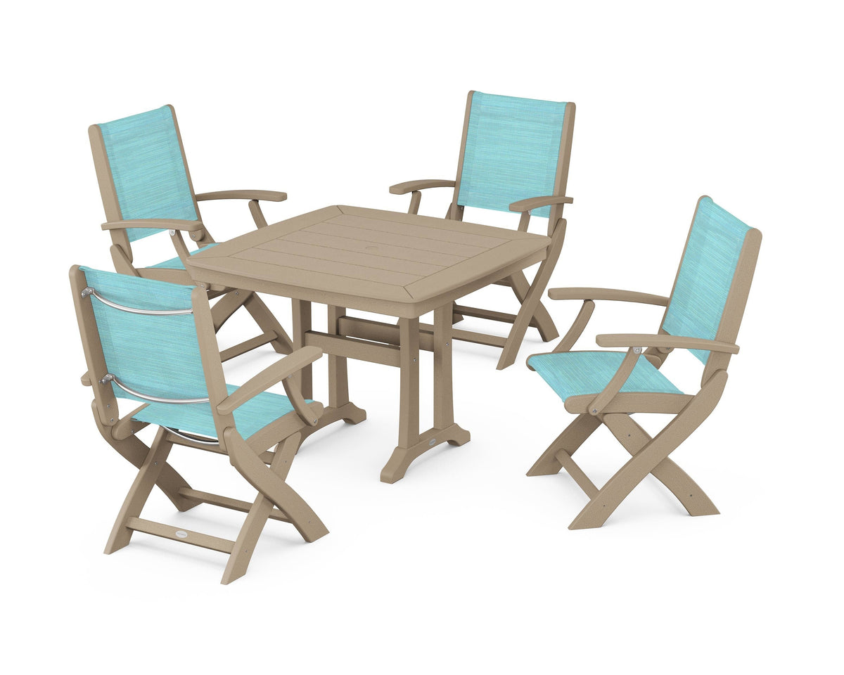 POLYWOOD Coastal Folding Chair 5-Piece Dining Set with Trestle Legs in Vintage Sahara / Dupioni Aquamarine