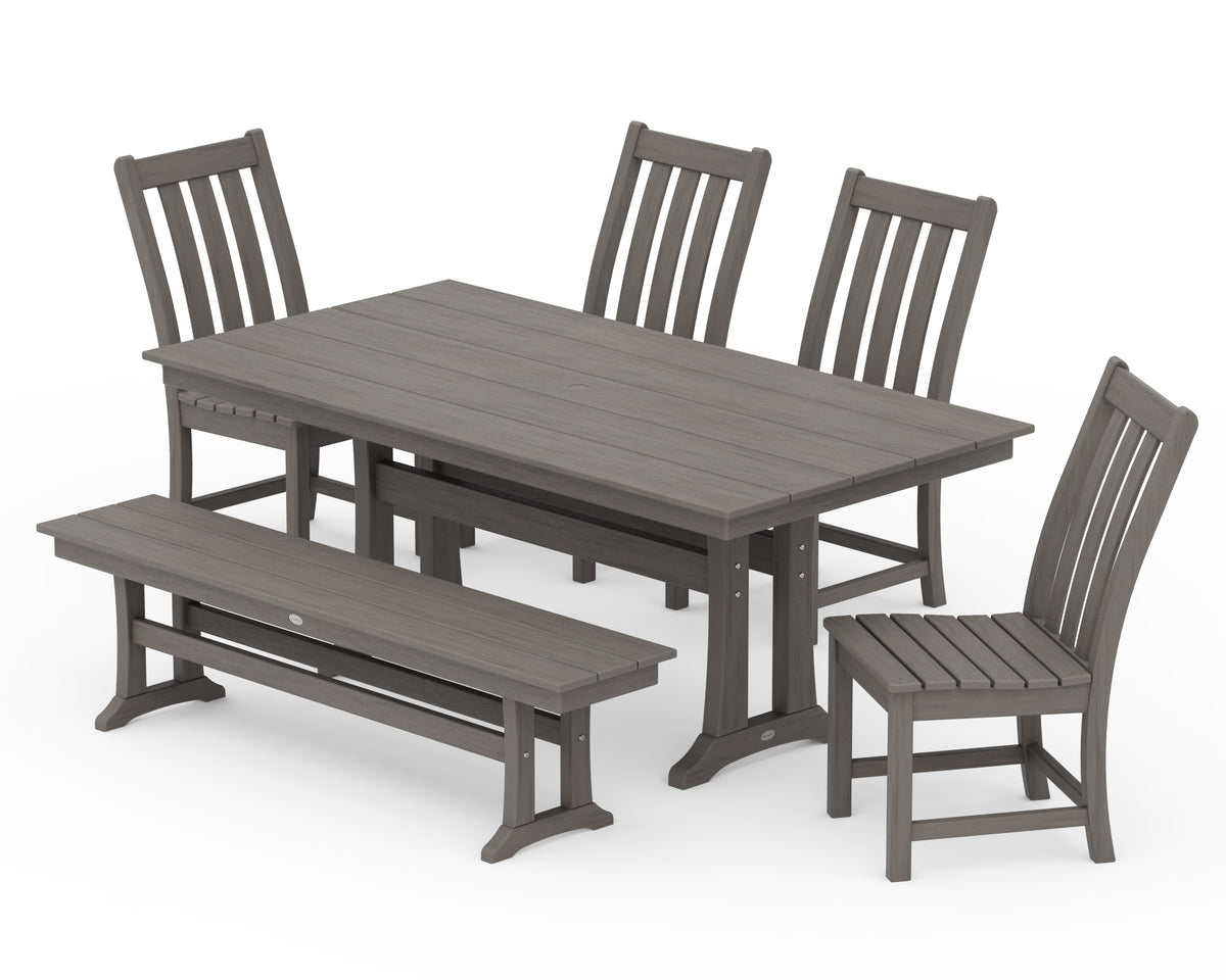 POLYWOOD Vineyard Side Chair 6-Piece Farmhouse Dining Set with Trestle Legs and Bench in Driftwood