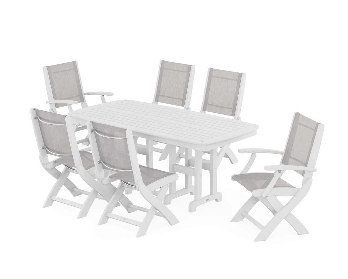 POLYWOOD Coastal Folding Chair 7-Piece Dining Set in White / Parchment