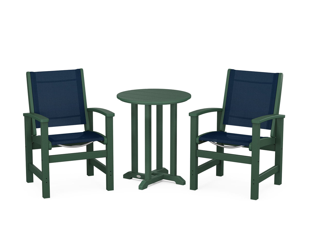 POLYWOOD Coastal 3-Piece Round Bistro Dining Set in Green / Navy Blue
