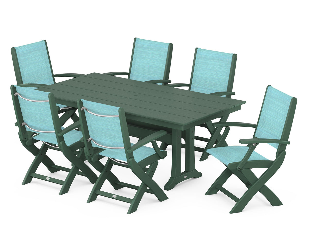 POLYWOOD Coastal Folding Arm Chair 7-Piece Farmhouse Dining Set with Trestle Legs in Green / Dupioni Aquamarine