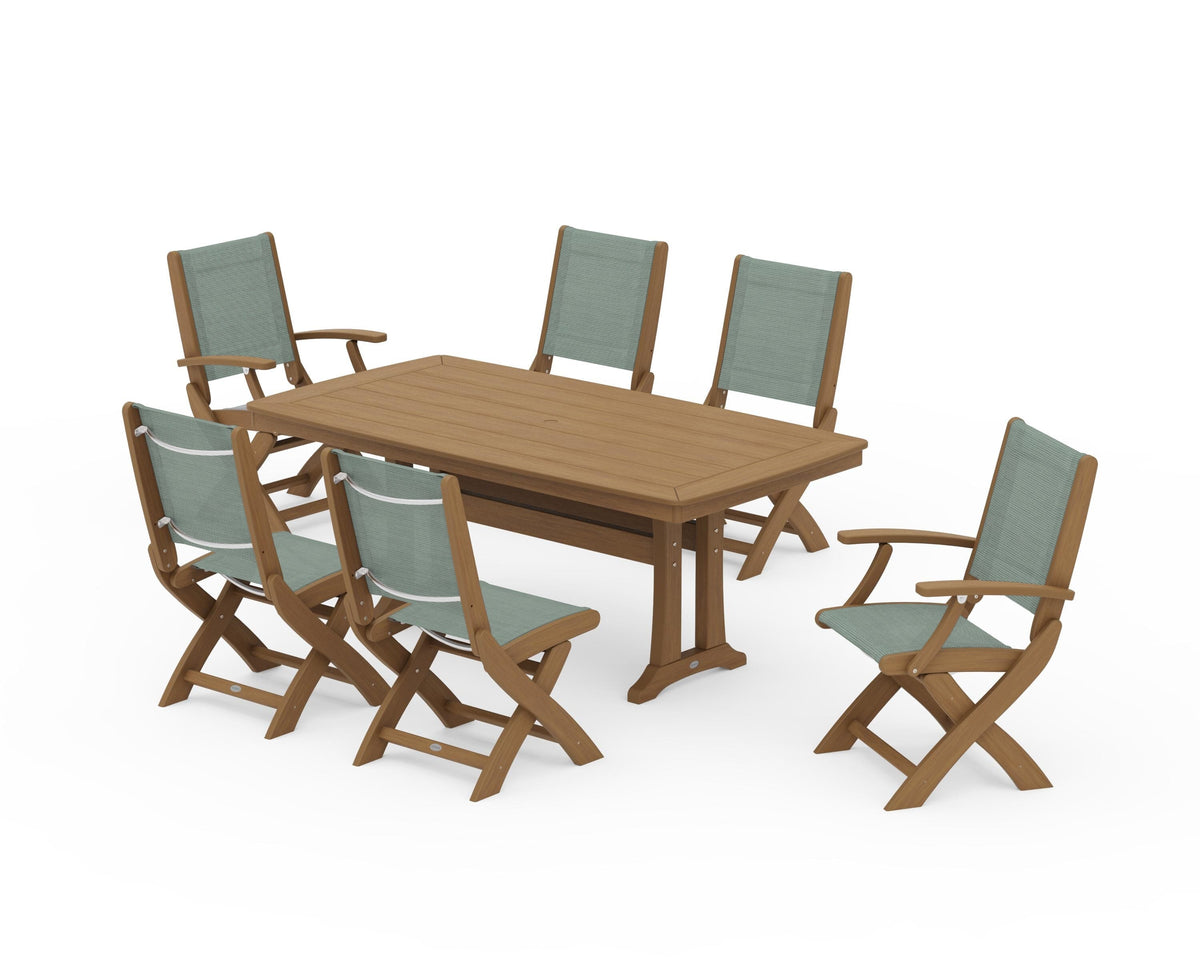 POLYWOOD Coastal Folding Chair 7-Piece Dining Set with Trestle Legs with Nautical Trestle 38" x 73" Dining Table in Natural / Dupioni Sea Mist