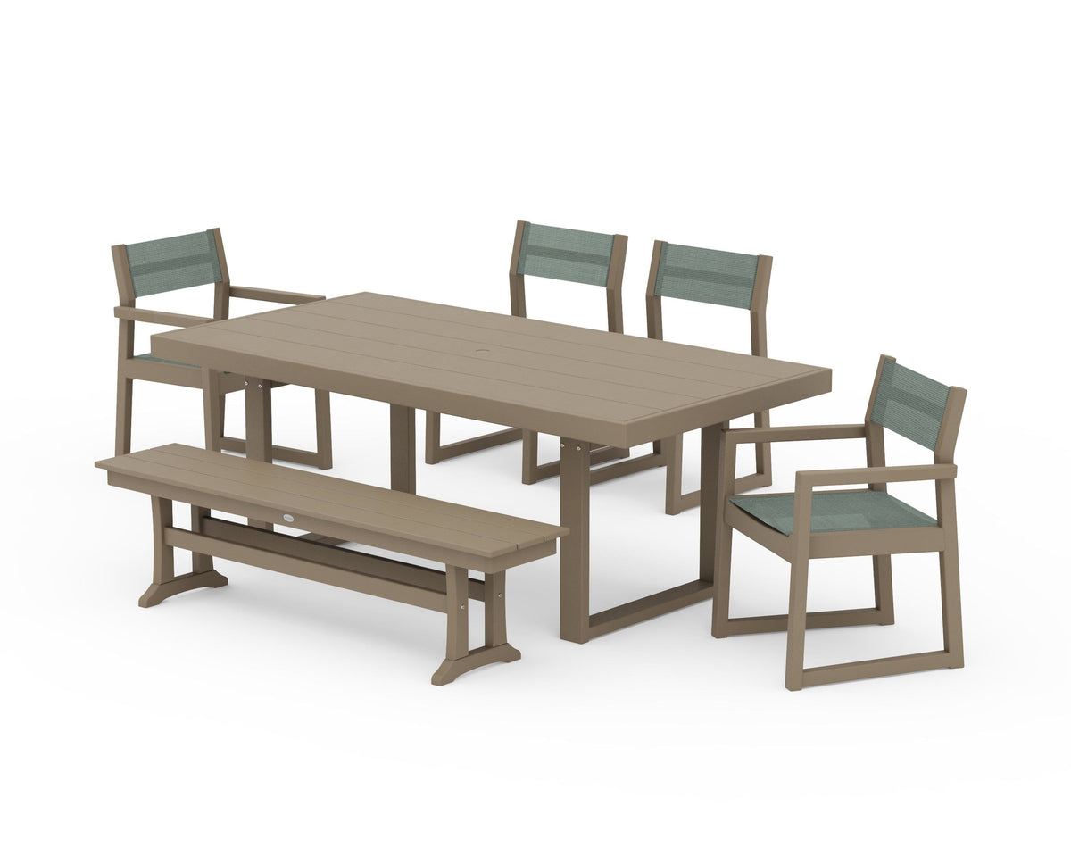 POLYWOOD EDGE Sling 6-Piece Dining Set with Bench in Vintage Sahara / Dupioni Sea Mist