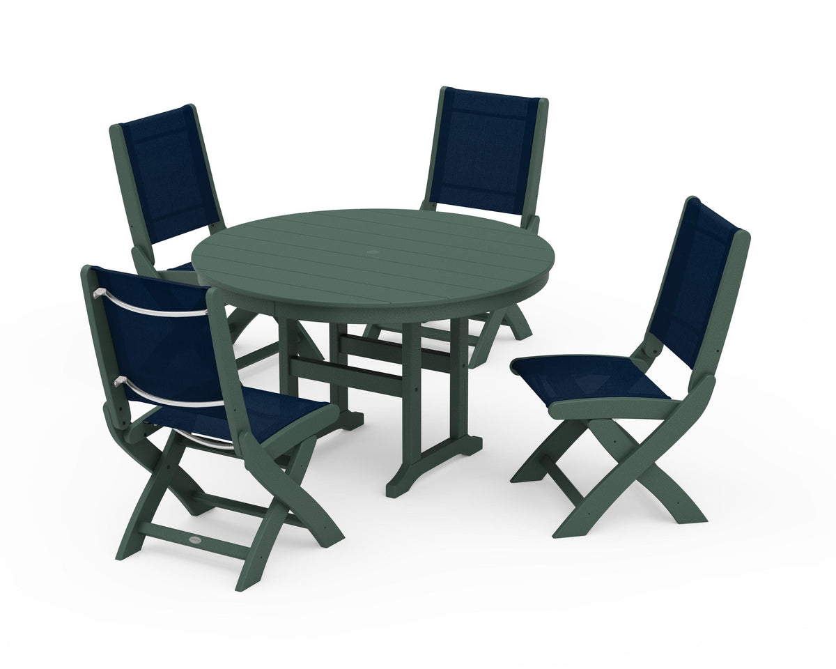 POLYWOOD Coastal Folding Side Chair 5-Piece Round Dining Set in Green / Navy Blue