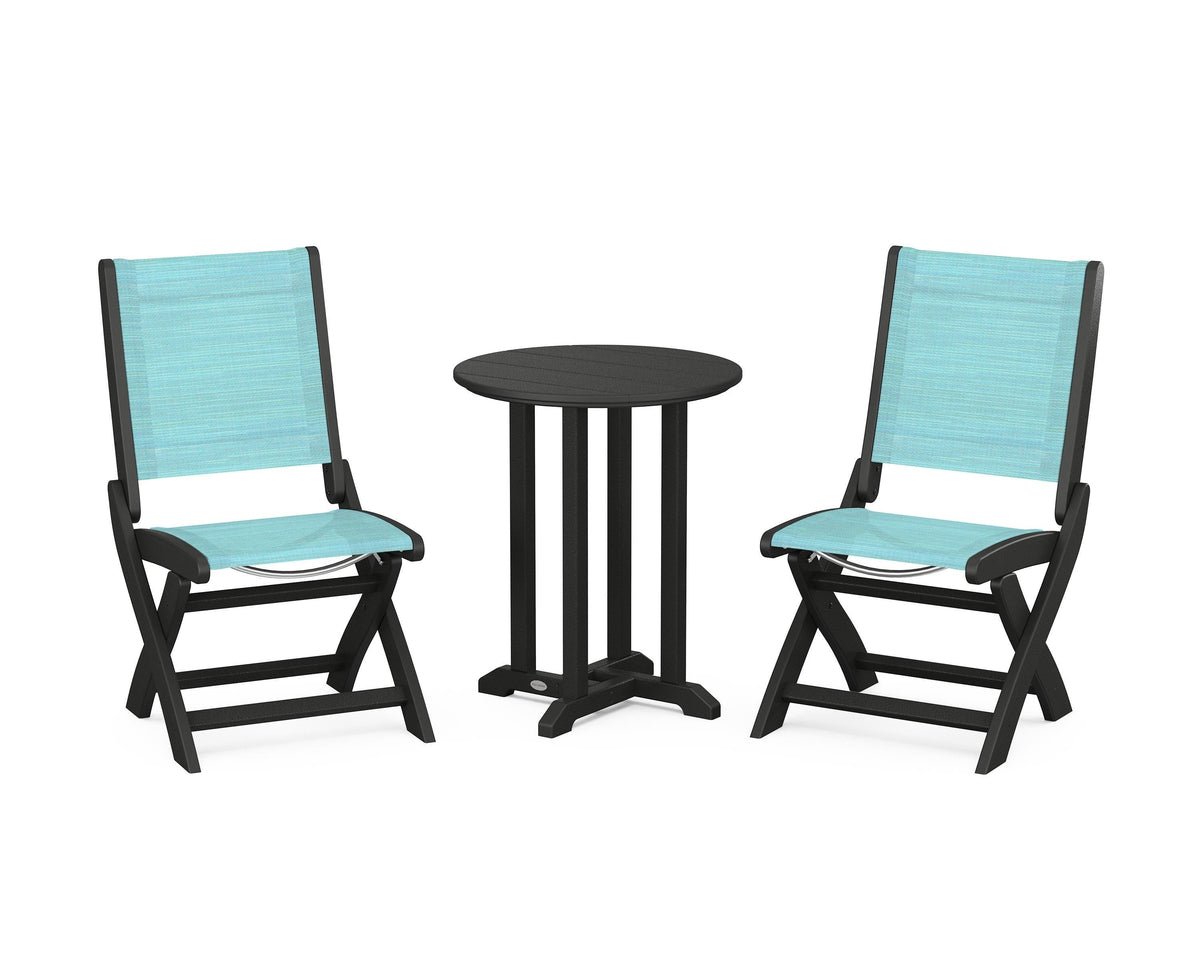 POLYWOOD Coastal Folding Side Chair 3-Piece Round Bistro Dining Set in Black / Dupioni Aquamarine