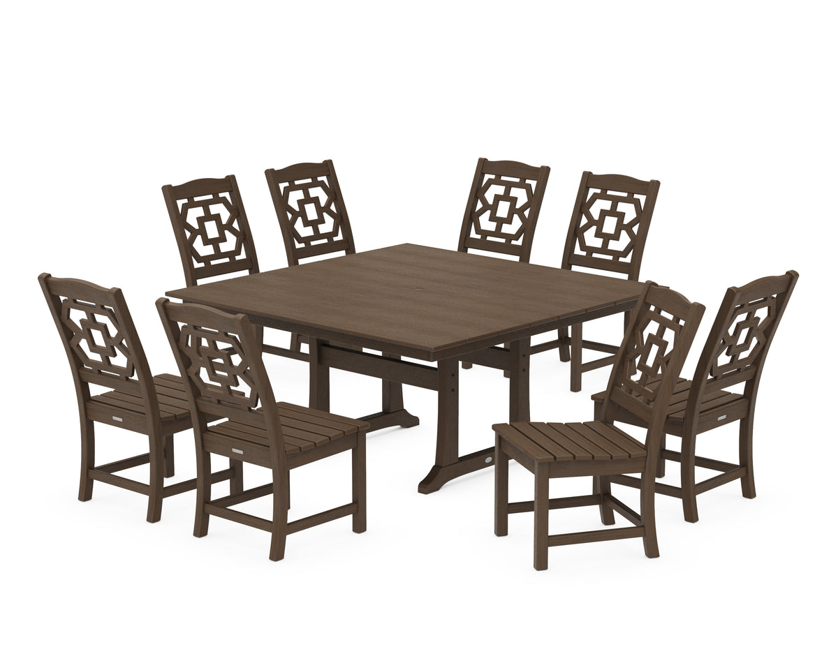 POLYWOOD Chinoiserie 9-Piece Square Farmhouse Side Chair Dining Set with Trestle Legs in Kona